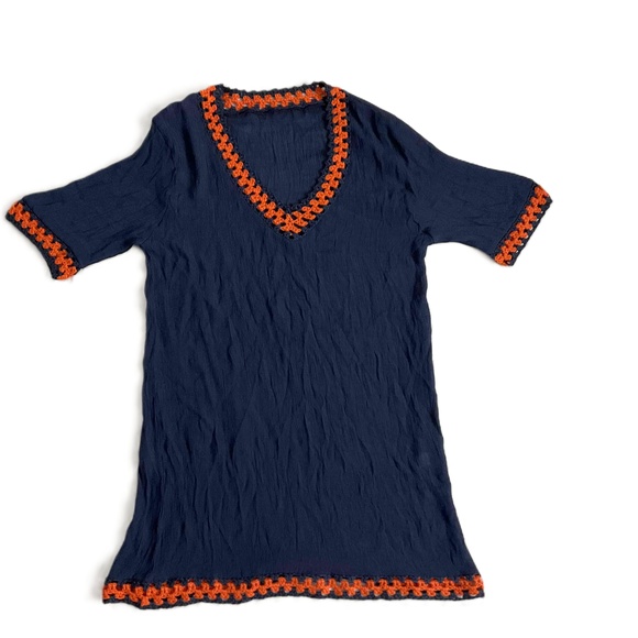 Navy Blue‎ Orange Trim V-Neck Short Sleeve Tunica Dress Size Large - Picture 1 of 6